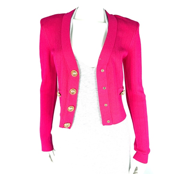 Balmain Long Sleeved V Neck Knit Pink Cardigan Button Top 38 6 - Picture 7 of 13
